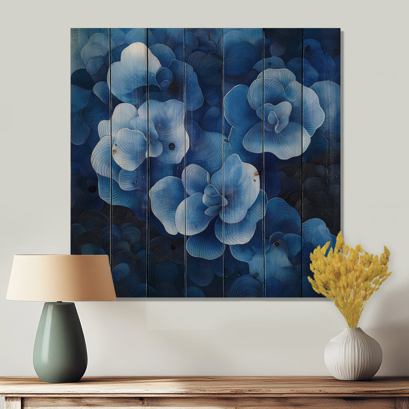 Hydrangées bleues et blanches, hortensias Soundwave - décoration murale en bois d'hortensias - sur bois de pin naturel