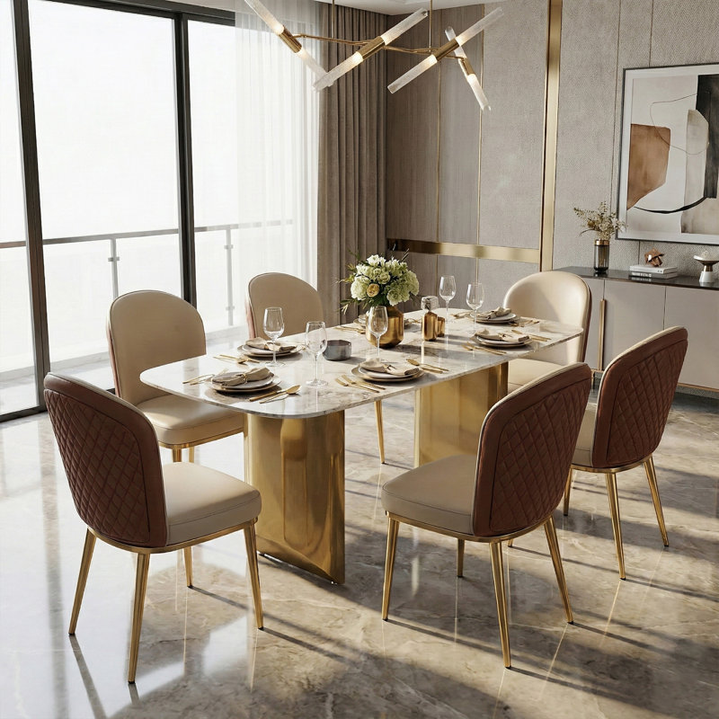 63" Luxury Dining Table with Random Natural Pattern Sintered Stone Top & Metal Base, Modern Rectangular Dining Table, Elegant Kitchen Dining Room Furniture,6-chair