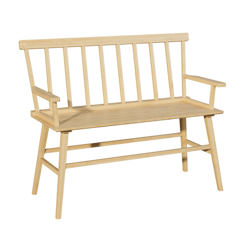 Bamboo Entryway Bench, Farmhouse Dining Bench with Spindle Back & Armrest Wood Windsor for Foyer Balcony Living Room