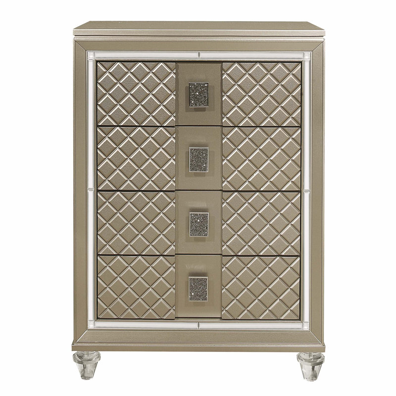 Commode de luxe à 4 tiroirs avec garniture de miroir biseautée et pieds en acrylique, parfaite pour un décor de chambre à coucher glamour
