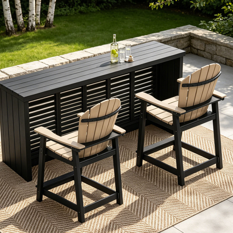 Outdoor HDPE Adirondack Chair Set of 2, Patio Bar Stools, Black/Brown