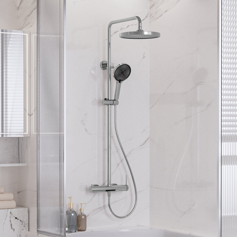 3-Function Rose Gold Shower System with Tub Spout, 10" Rainfall Head & Handheld, 1.59 GPM, CUPC/NSF Certified, Adjustable Height, Available in Matte Black & Chrome