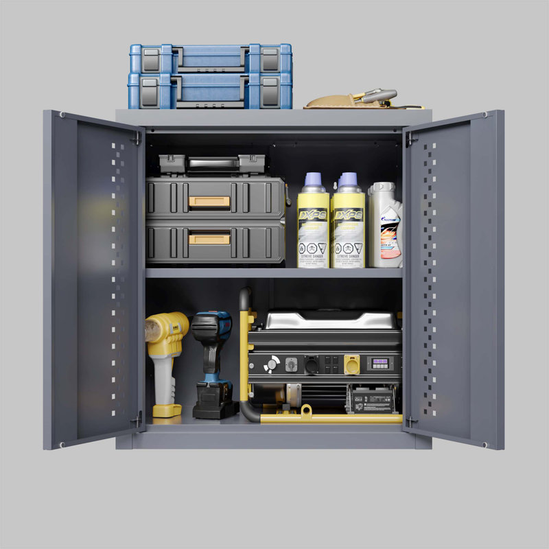 Metal Wall-Mounted Garage Storage Cabinet With Adjustable Shelves And Smooth Hinge, Ideal For Space-Saving And Organization In Basements, Kitchens, And Warehouses
