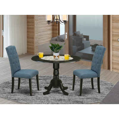3 Piece Dining Table Set Contains a Round Dining Room Table with Dropleaf and 2 Mineral Blue Linen Fabric Upholstered Chairs, Black