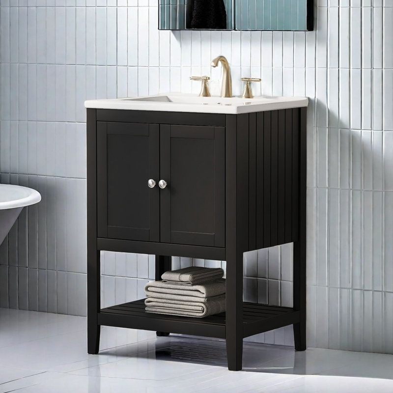 Lavabo de salle de bain moderne élégant en céramique noire 24 po avec tablette ouverte en bois massif