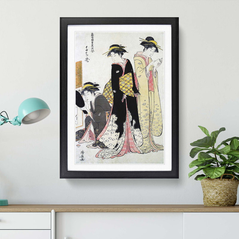 Three Geishas of Tachibana by Torii Kiyonaga - Picture Frame Painting Print, 48cm H x 36cm W x 2cm D, Black Framed