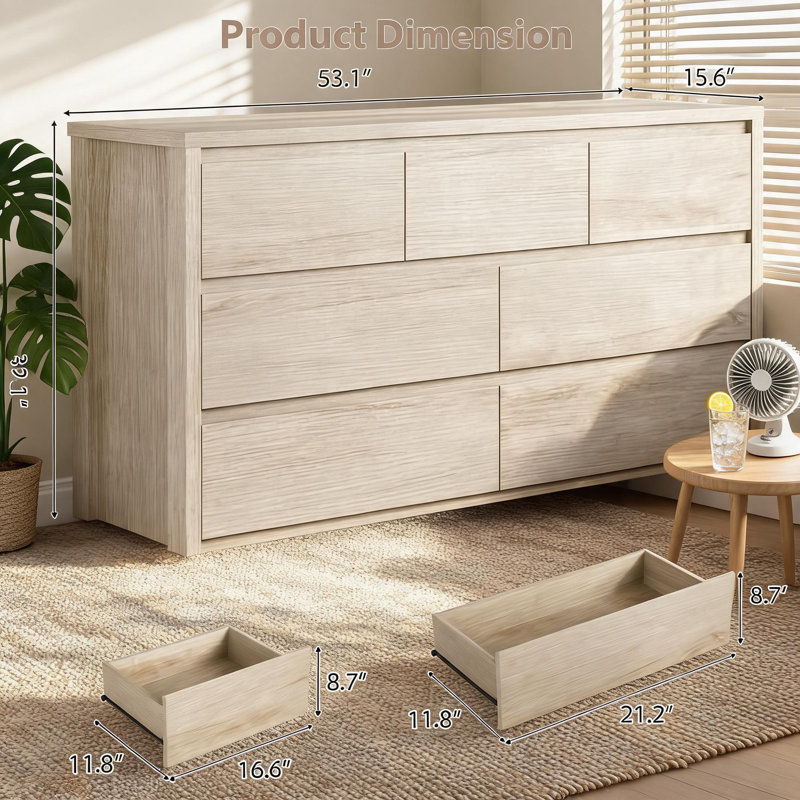 7 Drawer Dressers for Bedroom, Wide Modern Chest of Drawers, Large Wood Dresser Wooden Storage Organizer Sturdy Construction & Handle-free Design for Living Room, Hallway Entryway.