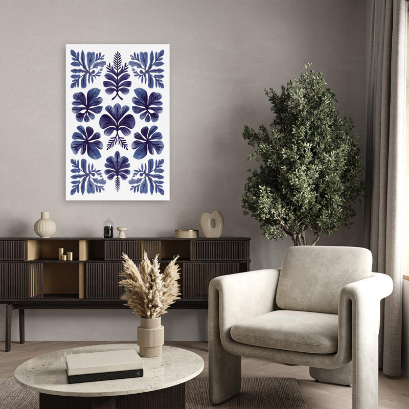 Motif bleu - art floral contemporain à motif botanique bleu, H 36 po x l 24 po