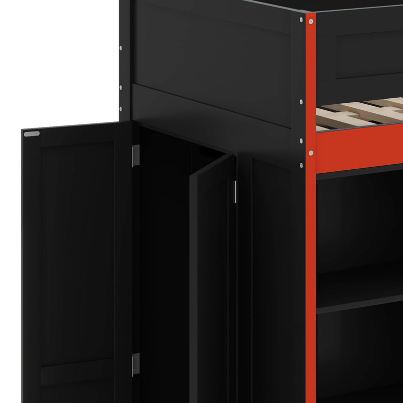 Lit mezzanine en bois avec bureau et rangement, bibliothèque et tablettes ouvertes Gaming, Lit simple