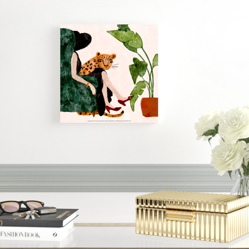Femme et guépard - peinture sur toile tendue, H 8 po x l 12 po