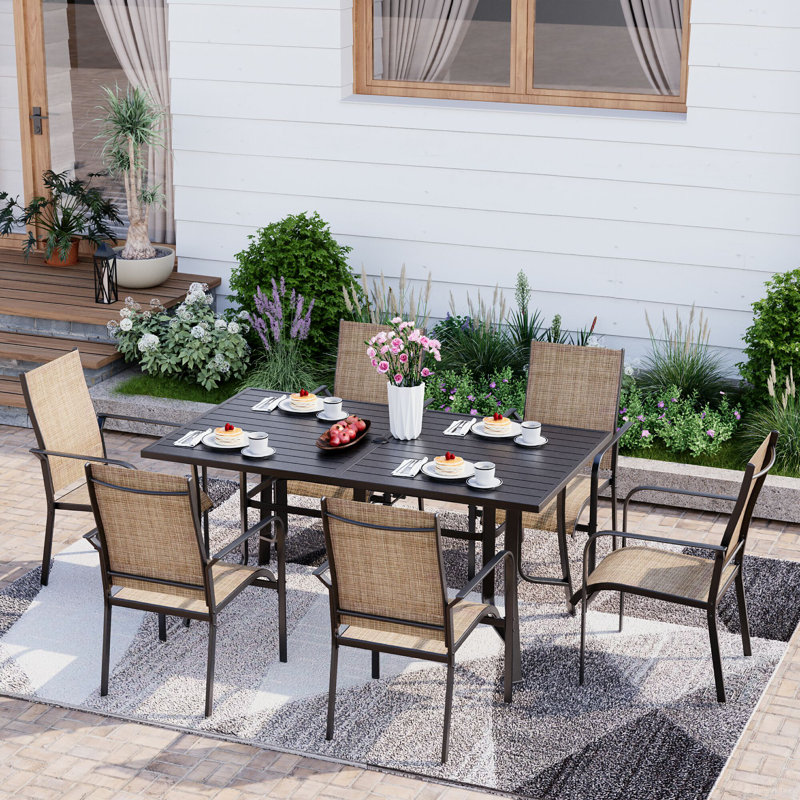 7 Piece Patio Dining Set, Outdoor Dining Table And Chairs Set For 6, 6 PVC-coated polyester Chairs, 1 Iron Rectangular Table With Adjustable Umbrella Hole , Patio Furniture Set For Deck, Backyard, Lawn, Poolside