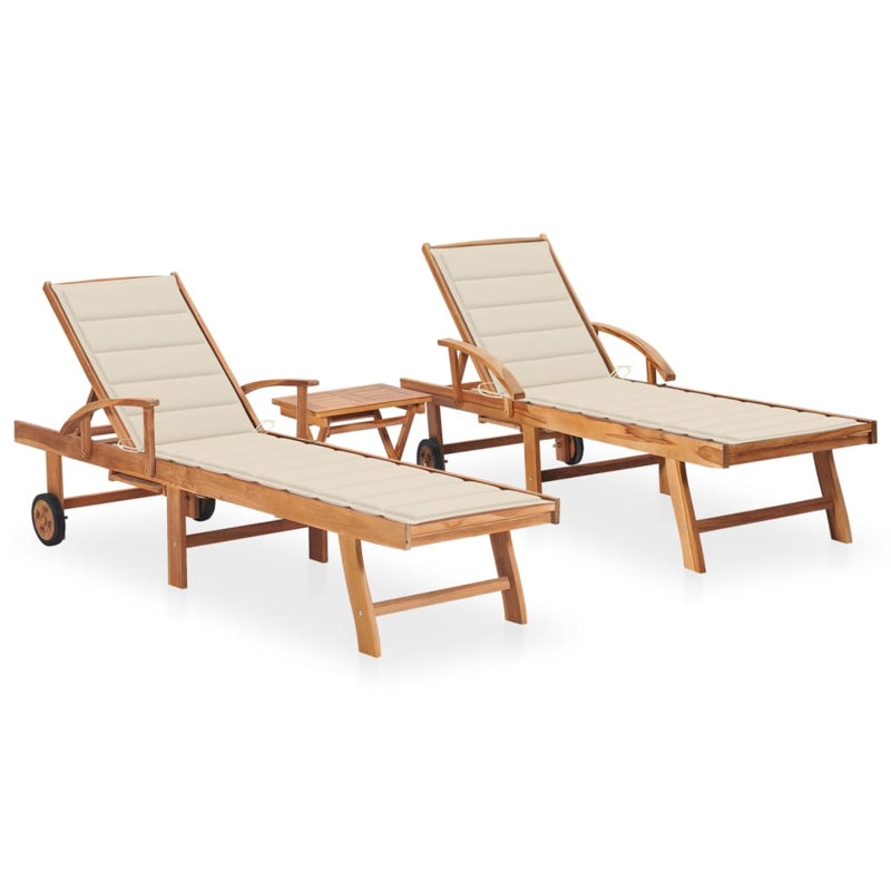 Chaise longue double en teck de 16 po avec coussins et table, Beige
