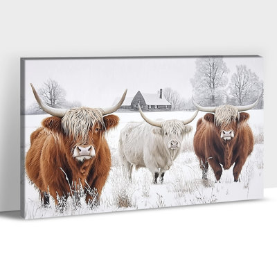Vache Highland, art mural de Noël, paysage d'hiver, affiche de campagne, reproductions d'animaux de ferme rustiques, salon, chambre à coucher, maison de ferme, décoration murale prête à être accrochée, 12 po x 16 po