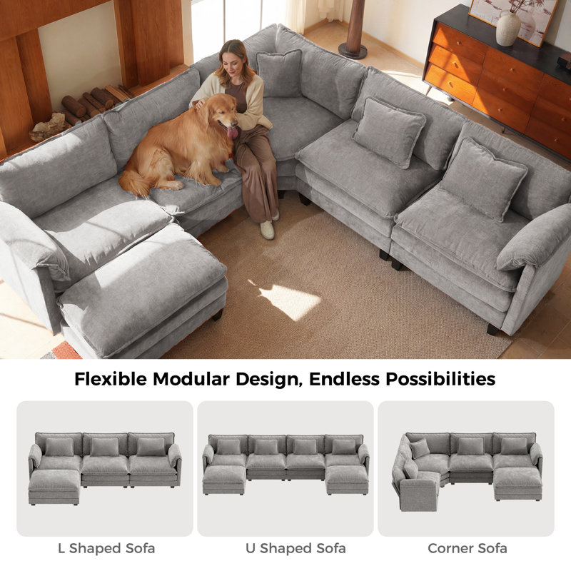 Amabilia L Shaped Upholstered Boneless Corner Modular Sectional Sofa Cloud Couch - Chenille Fabric, 36.2" H x 114" W x 114" D
