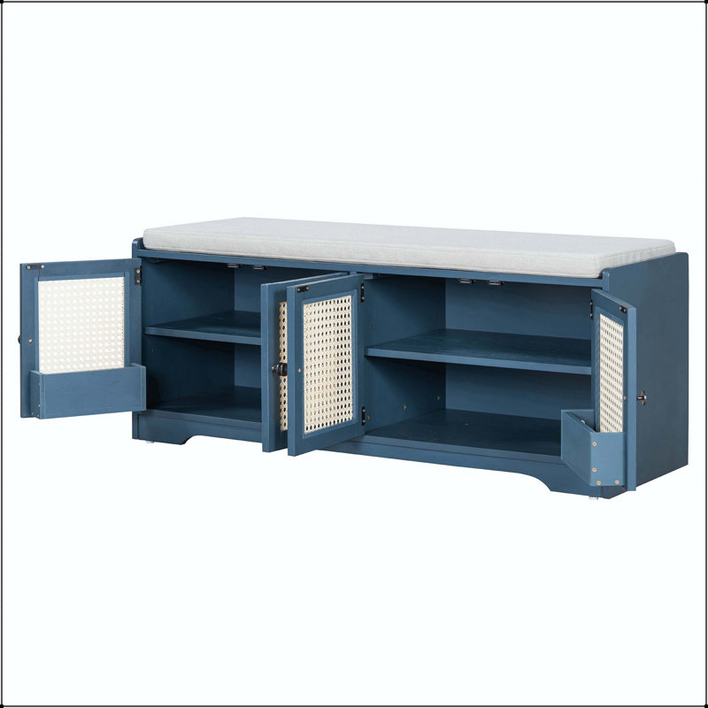 Banc de rangement rustique avec portes en rotin tissé et tablettes réglables, Bleu marine antique, Bleu marine antique