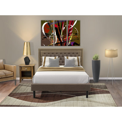 Ensemble de chambre à coucher 2 pièces - 1 tête de lit double en tissu de lin brun avec tête de lit capitonnée et 1 petite table de chevet - Table de chevet au fini noir brossé