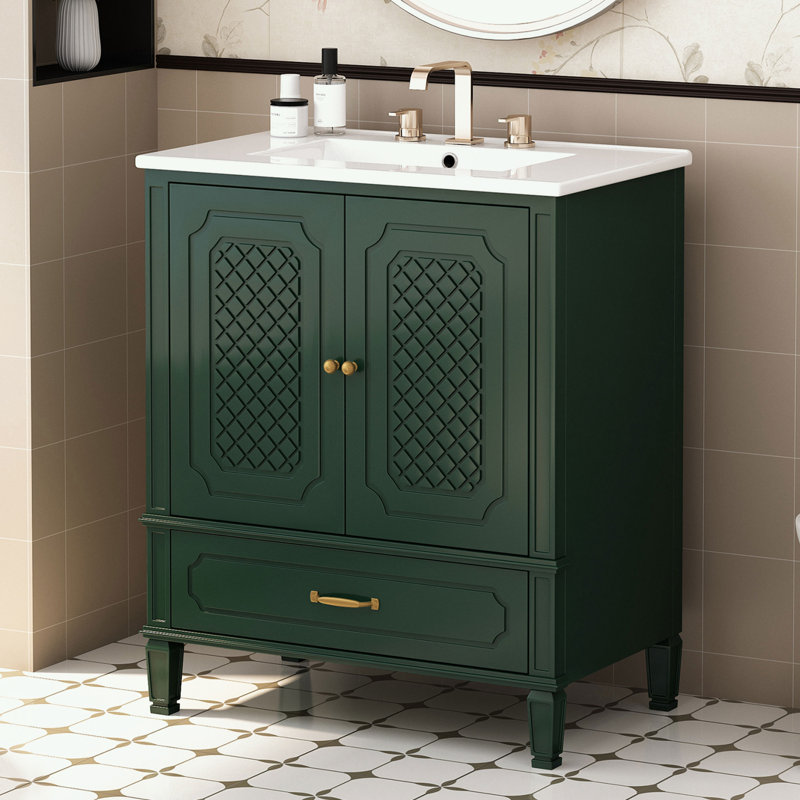 Meuble-lavabo de salle de bain avec lavabo, tablette de porte et porte à fermeture douce, Vert foncé