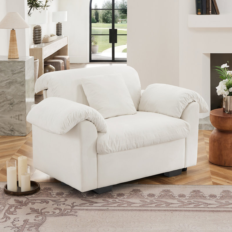 Modern Velvet Single Sofa with Storage Deep Seat Accent Chair Fluffy Armrest Pillows for Living Room, Blanc