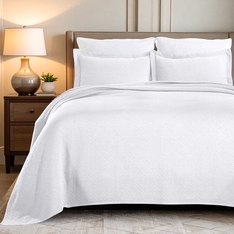 Ensemble de couvre-lit matelassé en coton Thek Nile Mills, Couvre-lit double et 2 taies décoratives standard, Blanc