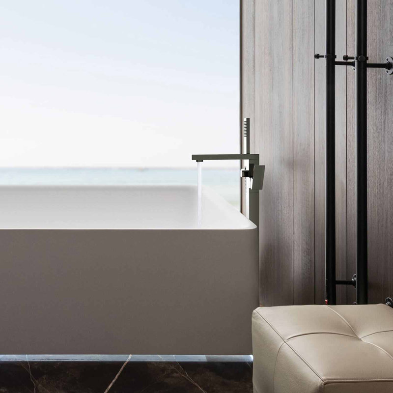 Cube Floor Tub Spout with Diverter, Brushed Nickel