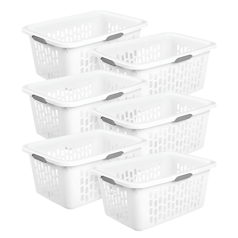 Panier à linge Sterilite, 2 paniers boisseau en plastique avec poignées, blanc, paquet de 6, Blanc