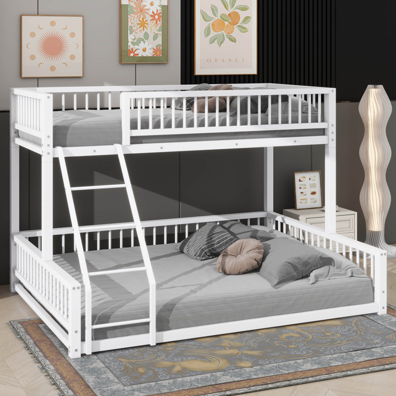 Grand lit convertible grand avec rails de sécurité et échelle, taille simple TG sur le dessus, Simple TG sur grand, Blanc