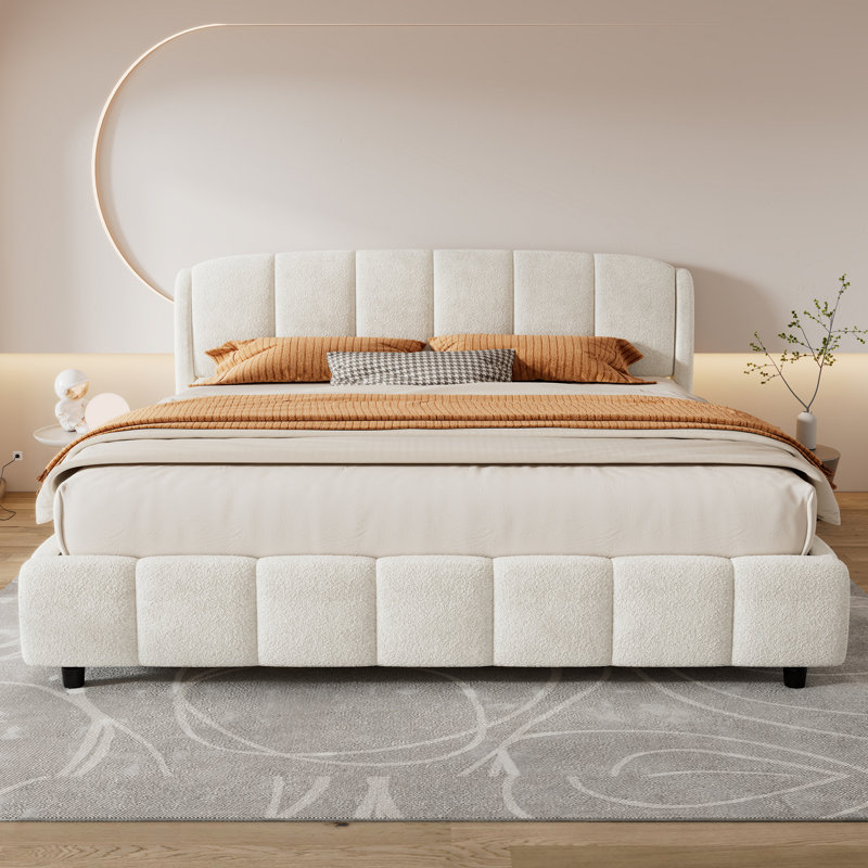 King Size Platform Bed With Boucle, Soft Boucle Fabric Upholstered Platform Bed With Curve-Shaped Design Headboard, Beige