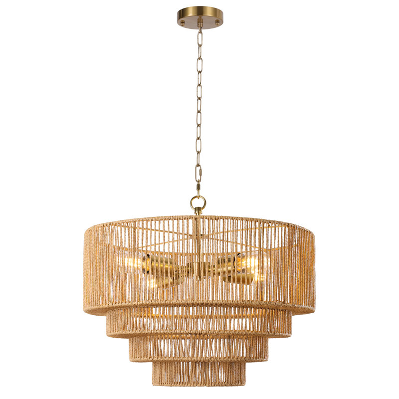 4-Light Dimmable Hand-Woven Rattan Tiered Chandelier, Gold