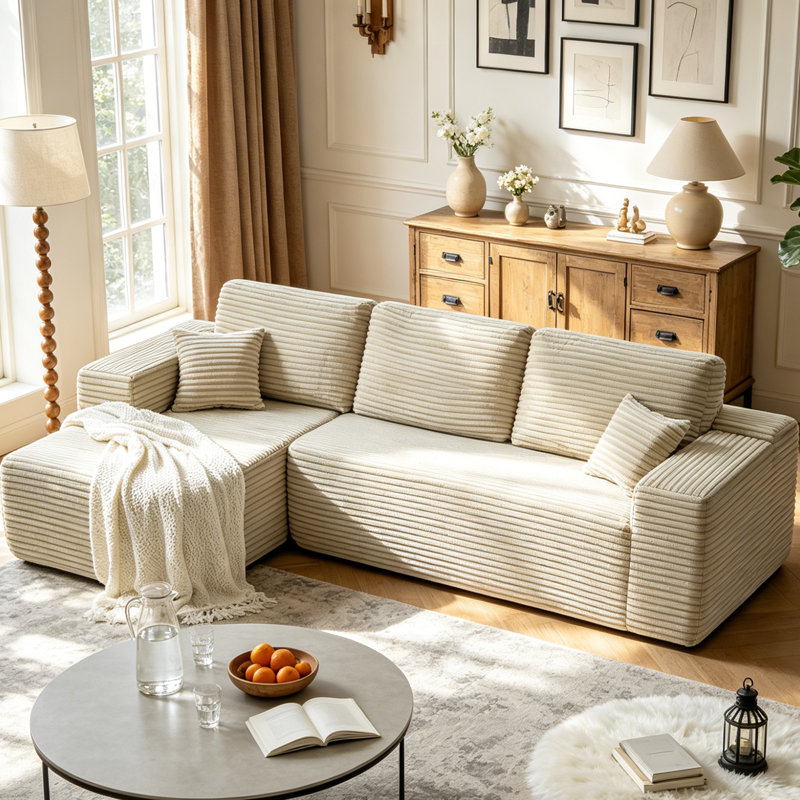 Canapé modulaire en forme de L avec méridienne Boneless Corduroy, Face à la gauche, Peluche beige