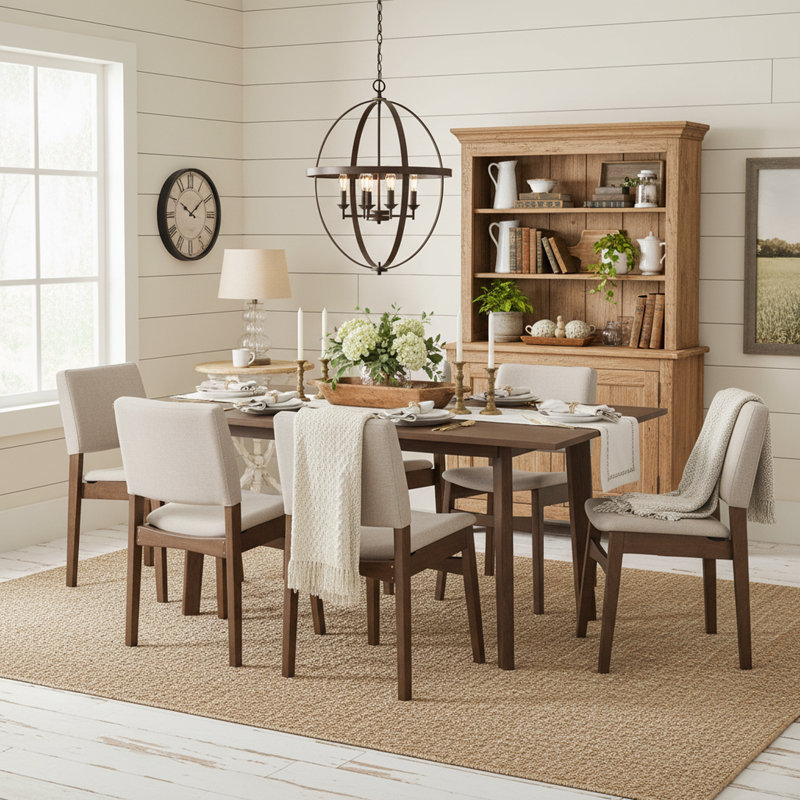 Modern 7-Piece Dining Set with Rectangular Solid Wood Table and Linen Upholstered Chairs, Walnut Finish Tabletop with Beige Seats