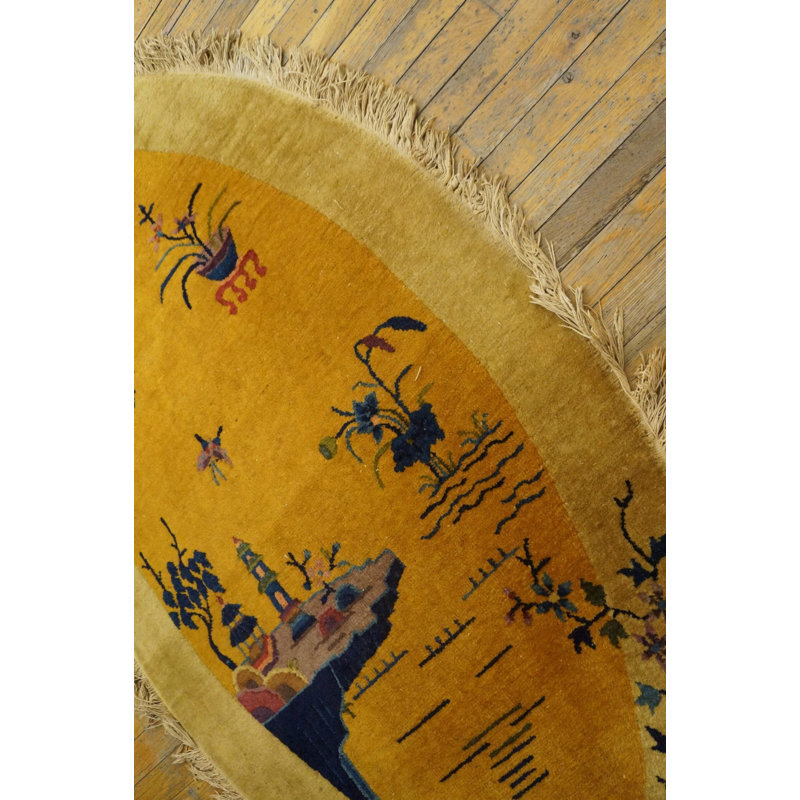 Pair of Antique Chinese Art Deco Yellow Scenic Oval Rugs