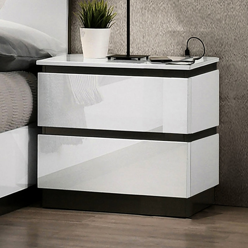 Table de chevet blanche avec glissières à roulement, poignées dissimulées, conception à deux tons, chevet de ton moderne pour chambre à coucher, tiroirs asymétriques, tiroirs