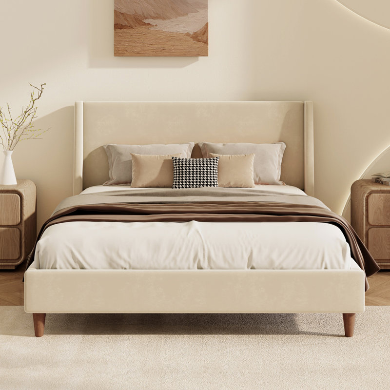 Lit plateforme tapissier sans sommier, Beige, Grand lit