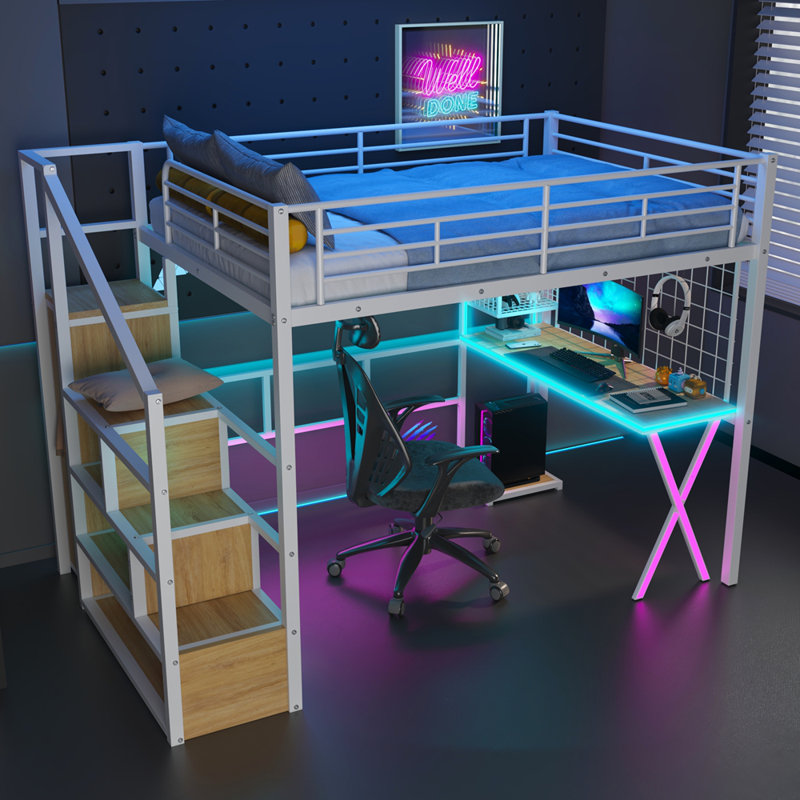 Lit mezzanine en métal avec poste de travail intégré, garde-robe, escalier de rangement et DEL, Double
