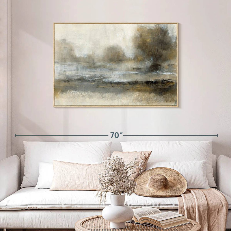 Paysage doré I, Cadre flottant en bois naturel, 43 po x 29 po