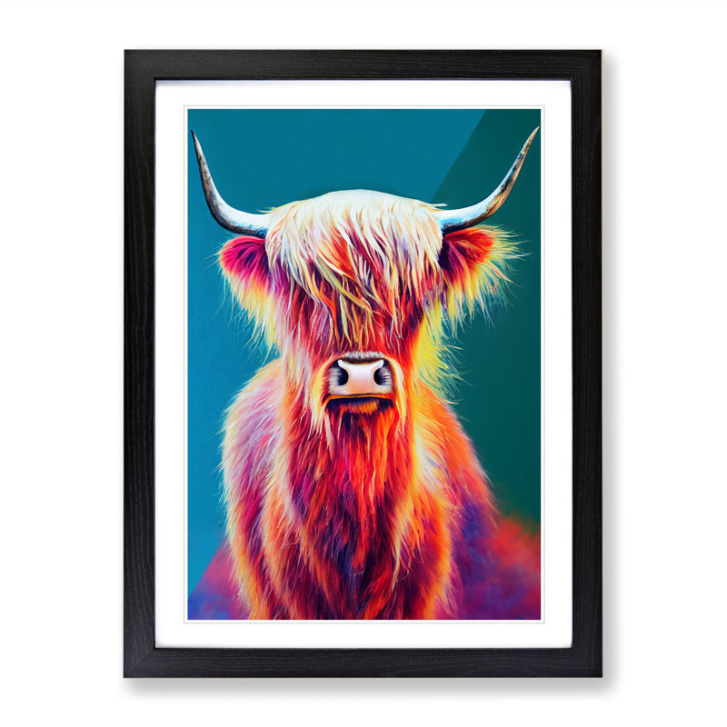 XV1022-1593X Colourful Highland Cow No.2 - Single Picture Frame Print, Black, 34cm H x 25cm W