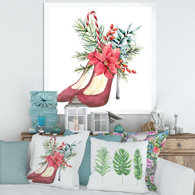 Chaussures à talons en daim rouges avec décor floral de Noël - peinture sur toile