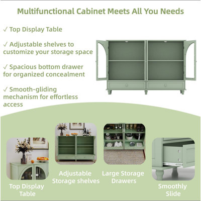 Buffet en verre arqué vert, 2 tiroirs et 4 portes en verre, armoire de présentation avec tablettes réglables, armoire de cuisine moderne pour le vestibule du salon