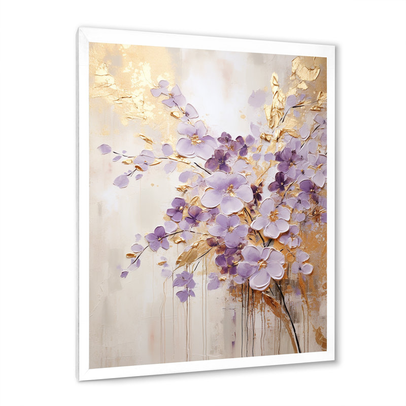 Mauve et or orné de violettes, pré IV - art mural Violettes, H 32 po x l 24 po x P 1 po, Cadre simple blanc