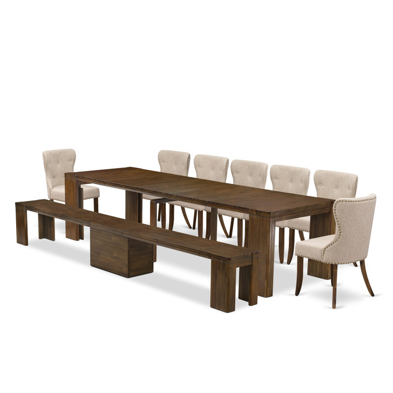 L'ensemble de salle à manger 9 pièces Mid Century comprend une table de cuisine extensible, 7 chaises de salle à manger et 1 banc moderne, noyer antique