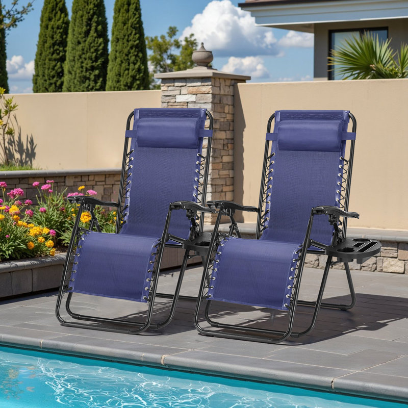 Zero Gravity Chairs, Set Of 2 Portable Recliner Beach Camping Patio Outdoor Folding Lounge Chair With Cup Holder Trays And Adjustable Pillow For Poolside, Garden, Backyard, Lawn