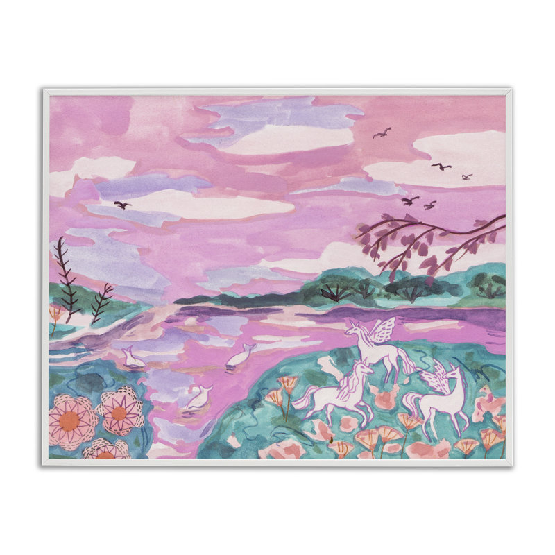 Licorne rose fantaisiste encadrée par Melissa Wang, Estampe numérique encadrée blanc bord de mer, H 11 po x l 14 po
