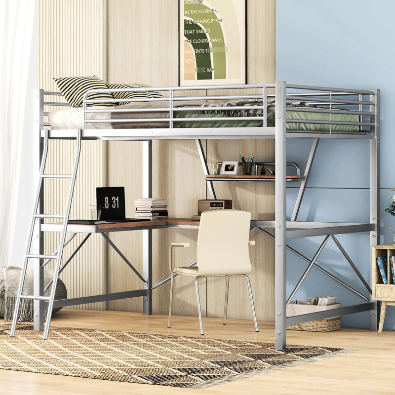 Lit mezzanine argenté pleine grandeur en métal et lit avec tablette de bureau - Robuste et stable
