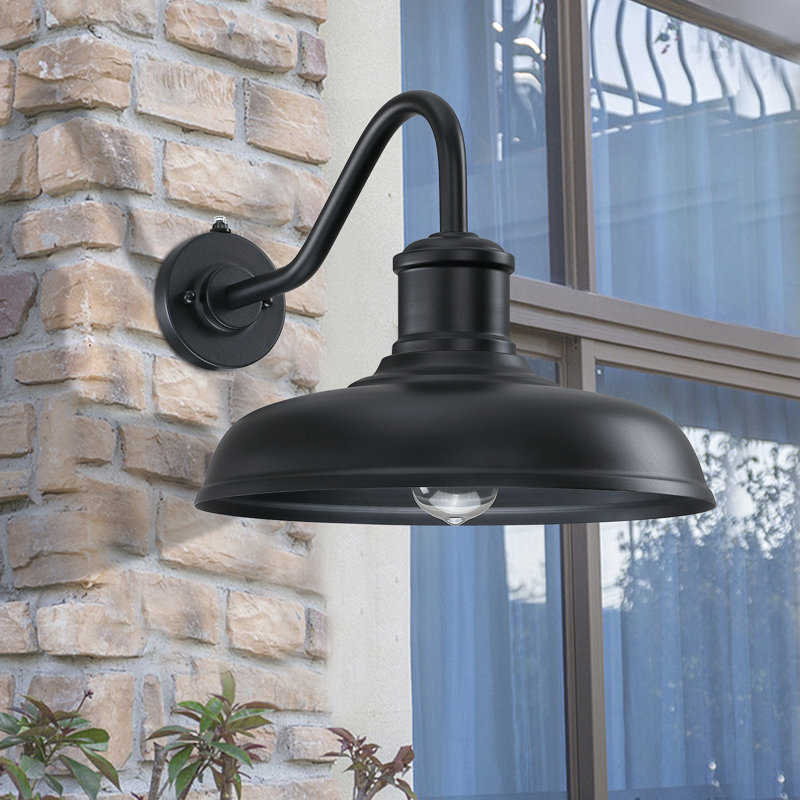 13.8'' Diameter Large Dusk To Dawn Outdoor Gooseneck Barn Light 2 Packs, Outdoor Wall Sconce Farmhouse Exterior Light Wall Lighting Fixture Industrial Outside Lantern For Porch, Patio, Garage, Black