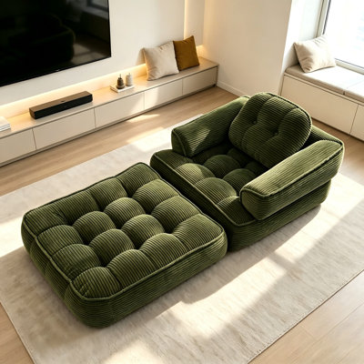 2-in-1 Boneless Corduroy Foldable Sofa Bed with Pillows and Armrests – Portable Convertible Sleeper Sofa for Any Room,Green