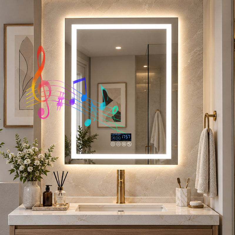 Miroir de salle de bain DEL 71 x 90 cm avec éclairage, haut-parleur Bluetooth, affichage intelligent de l'heure et de la date, traitement antibuée et intensité lumineuse réglable à 3 couleurs.