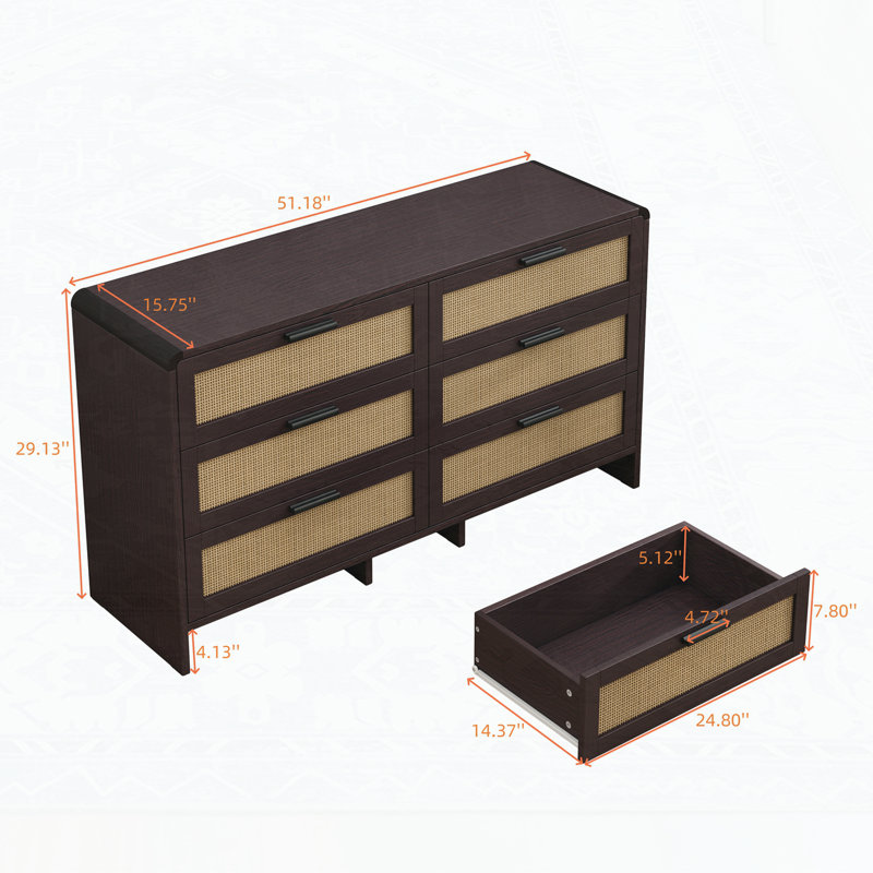 6-Drawers Rattan Storage Console Table, Reddish Brown