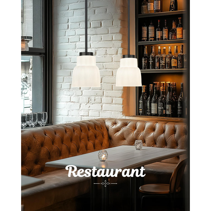 Ensemble de 3 luminaires suspendus rétro 1 lumière avec abat-jour en verre opale rayé, Noir mat