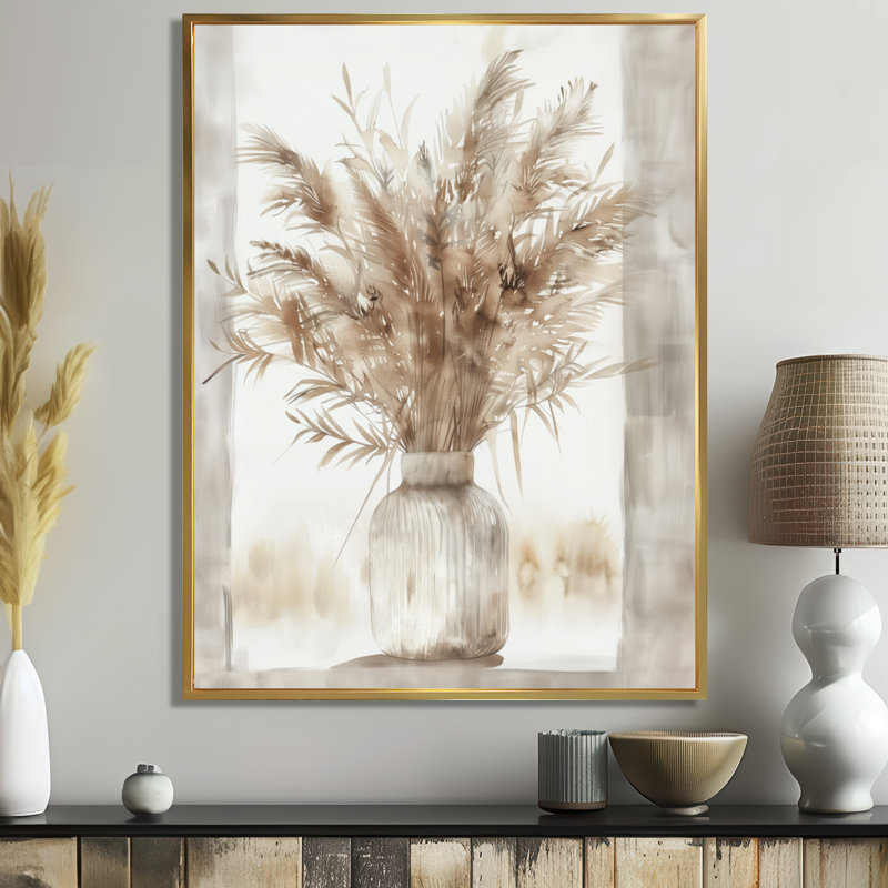 Beige blanc Boho Plant Chic II - Boho Feather, art mural, Cadre flottant doré, H 20 po x l 12 po x P 1 po