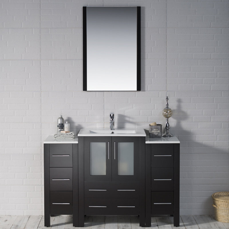 Mance 48.5 " W Freestanding Standard Single Vanity Bathroom Vanity With Ceramic Top with Mirror, Espresso